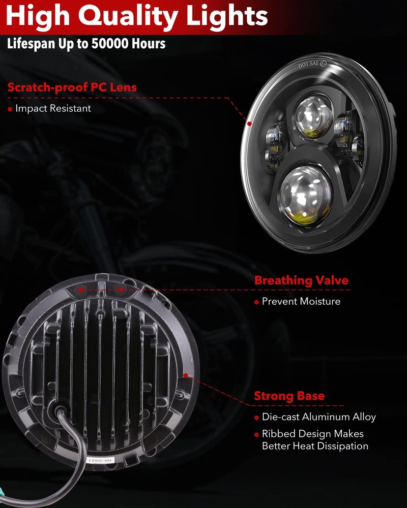 BICYACO 7 Inch LED Motorcycle Headlight with 4.5 Inch Fog Lights Passing Lamps DOT SAE Approved, Compatible with Harley Davidson Classic Electra Street Glide Fat Boy Road King Heritage Softail Black - Image 5